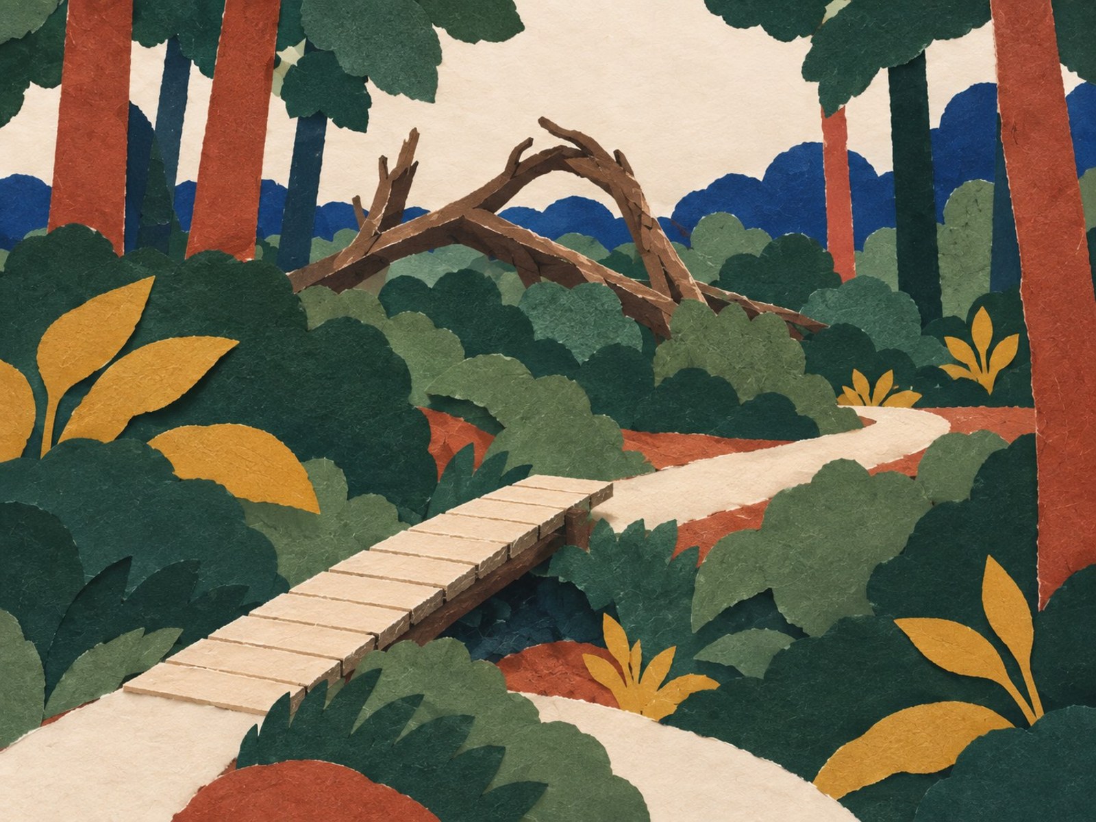 Hand-cut paper illustration of a wooden footbridge and winding woodland path, inspired by Brussels’ Green Belt.